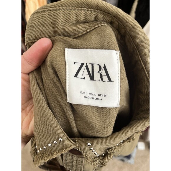 Zara Olive Green Cotton Fringe Trim Studded Snap Button Western Jacket Size Lg - Picture 2 of 9
